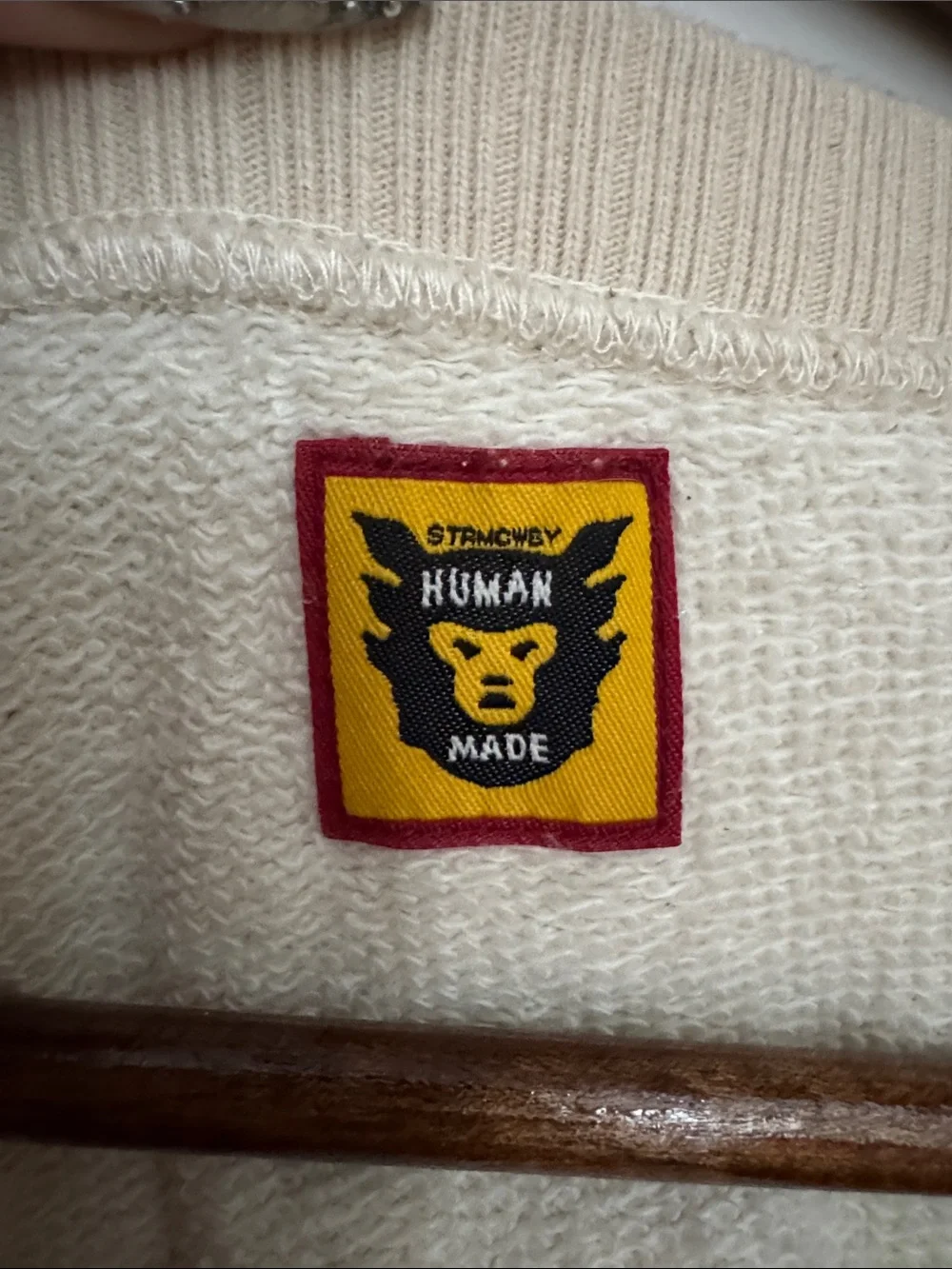Human Made Cream Crewneck with Black Stencil and Red Heart Accent